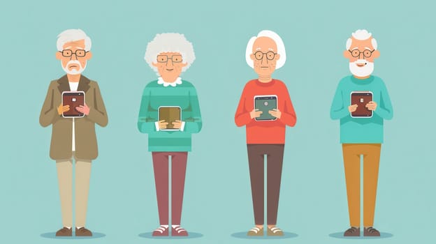 Four elderly individuals, each holding a tablet, gather together in a relaxed indoor environment, engrossed in their devices.