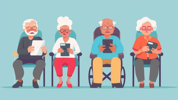 Four elderly individuals use tablets while seated in chairs, showcasing a blend of technology and community in a relaxed setting.