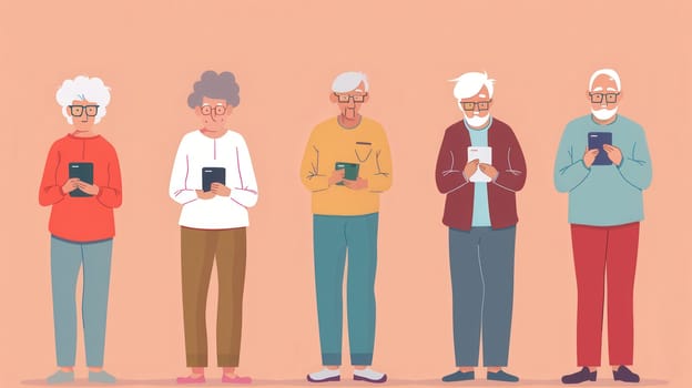 A group of elderly individuals stands together, focused on their mobile devices, enjoying a leisurely moment in a vibrant, cheerful environment.