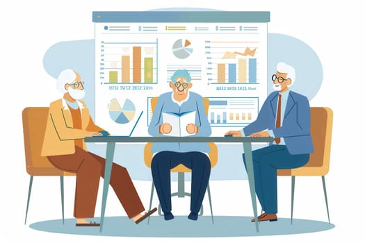 Three elderly individuals are discussing data and strategies while reviewing graphs and charts in a conference room setting.