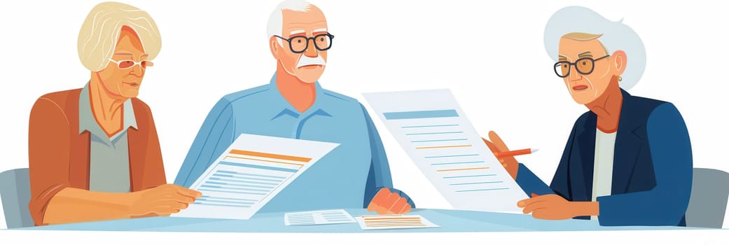 Three elderly individuals are engaged in a focused discussion, reviewing important documents while seated at a table together.