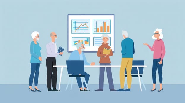 A group of elderly individuals discusses data analysis at a table, surrounded by charts and graphs on a wall, indicating an engaging learning environment.