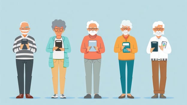 A group of elderly individuals stands together, each focused on using their devices, showcasing the importance of technology in their daily lives.
