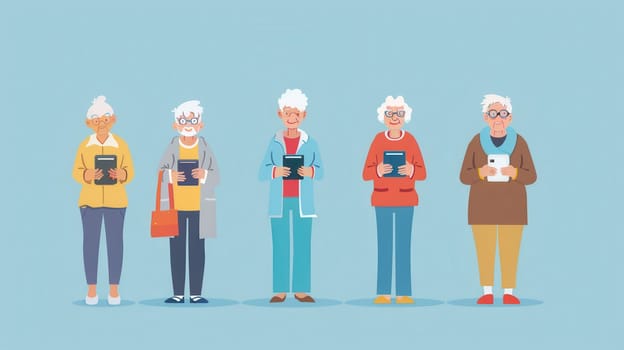 A group of elderly women are gathered together, each interacting with their tablets while enjoying a lighthearted afternoon.