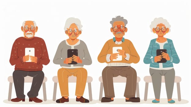 Four elderly individuals sit together, focused on their smartphones, sharing moments and enjoying each other's company in a cozy atmosphere.