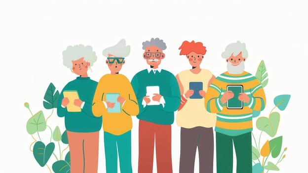 A group of elderly individuals interact with digital devices, showcasing their engagement in technology with a vibrant backdrop of plants.