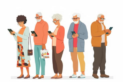 A group of elderly people stands in line, focused on their smartphones, likely engaging in communication or social media activities.