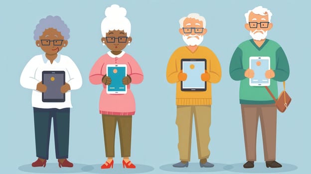 Four elderly individuals hold tablets, showcasing their engagement with technology in a vibrant and friendly environment.