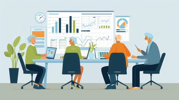 A group of elderly people collaborates on data analysis, discussing trends and insights around a large table in a bright office space.