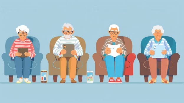 Four elderly individuals use various devices while sitting comfortably in different chairs, enjoying their leisure time at home.