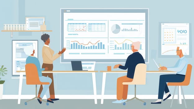 Elderly individuals are actively participating in a meeting, discussing data displayed on a large screen in a contemporary office environment.