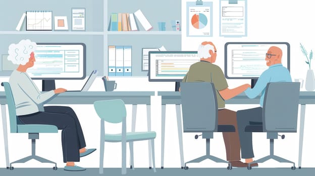 Two elderly people interact while seated at desks with computers in a well-lit office, while another senior works diligently on a laptop.