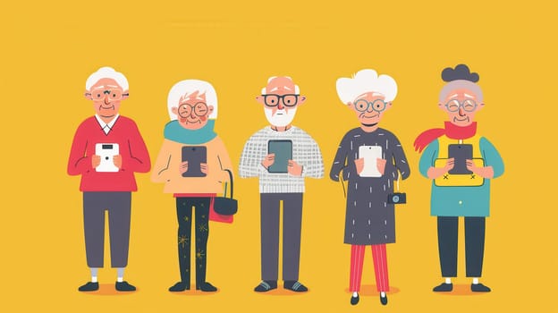 Five elderly individuals are using mobile devices, showcasing their engagement with technology in a vibrant setting.