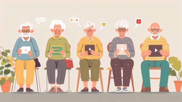 A group of elderly individuals sits together, each focused on their tablets, sharing a moment of connection and technology.