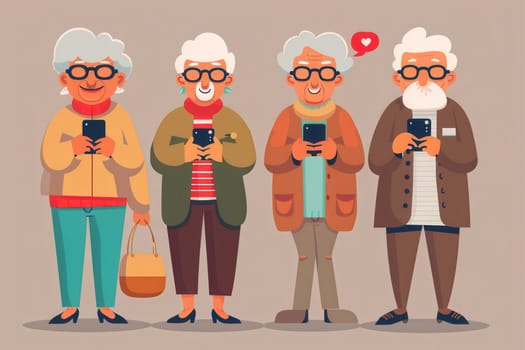 Four elderly individuals happily use smartphones, sharing moments and engaging with each other in a warm, friendly atmosphere.