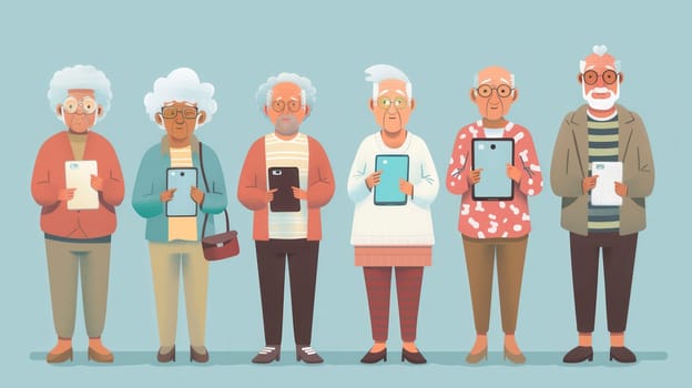 A diverse group of elderly individuals stands together, each holding a tablet, showcasing technology's role in their lives.