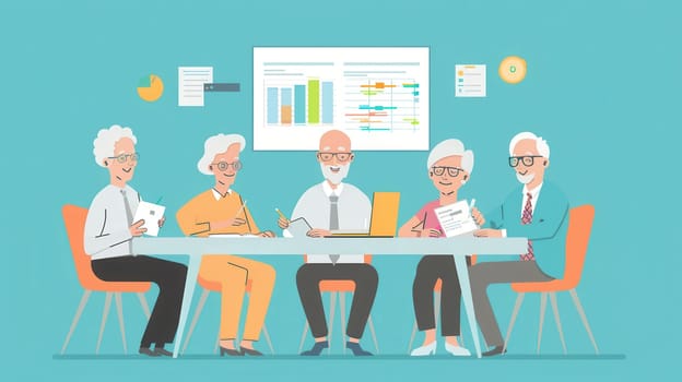 A group of elderly individuals share ideas and collaborate during a meeting in a cheerful office setting with colorful charts on display.