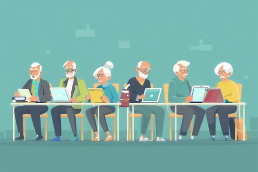A group of elderly individuals actively learning and using technology together in a community workshop setting.