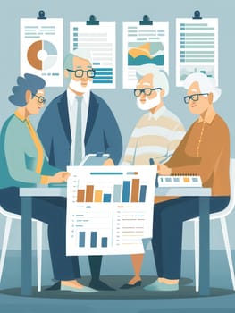 A group of elderly individuals gathers around a table, discussing data represented in charts and graphs, fostering collaboration and shared insights.