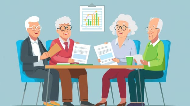 A group of elderly people participate in a discussion, exchanging papers and insights during a community center meeting focused on local initiatives.