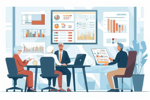 Four elderly people participate in a strategic meeting, discussing charts and graphs displayed on screens in a contemporary office environment.