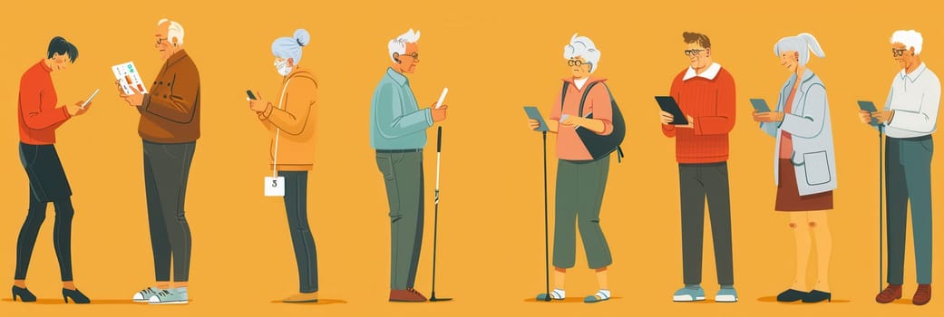 Several elderly people interact with various devices in a vibrant setting, showcasing their engagement with modern technology.