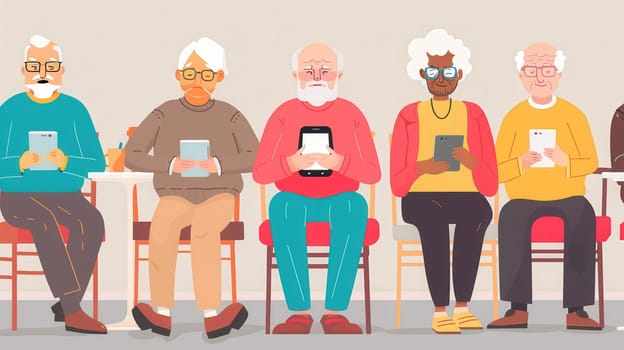 A group of elderly individuals sits together, focused on their mobile devices, enjoying each other's company in a warm, inviting atmosphere.