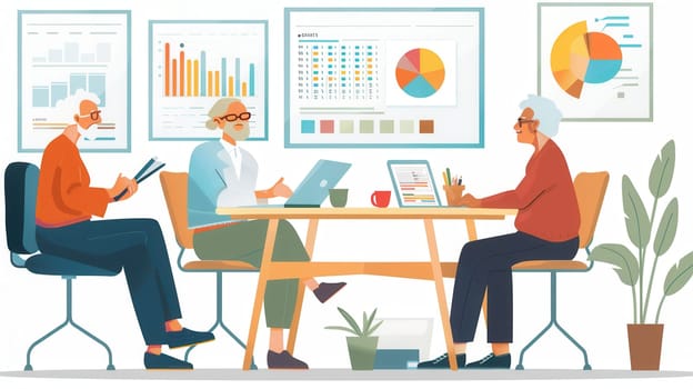 Three seniors collaborate at a meeting table, reviewing reports and charts in a vibrant office setting.