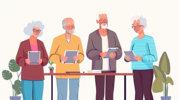 Four elderly people are actively participating in a digital learning session, using tablets and sharing insights in a warm, inviting environment.