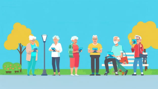 A group of elderly individuals enjoys using tablets while gathering in a sunny park surrounded by trees.