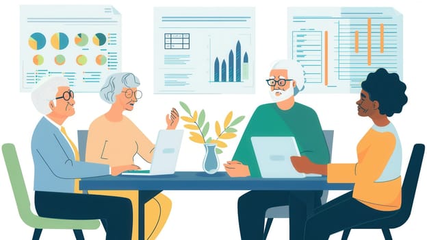 A group of elderly friends is collaborating on projects, sharing ideas, and enjoying each other's company at a community center.