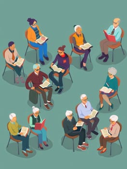 A group of elderly individuals are studying foreign languages together, focused on their textbooks and dictionaries in a comfortable classroom setting.