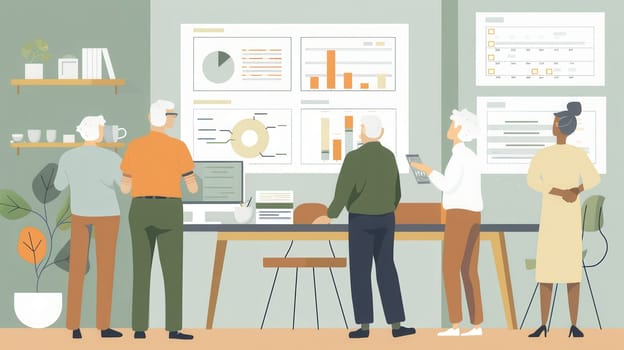 A group of elderly individuals discusses various charts and graphs displayed on a wall during a collaborative meeting in a bright, modern workspace.