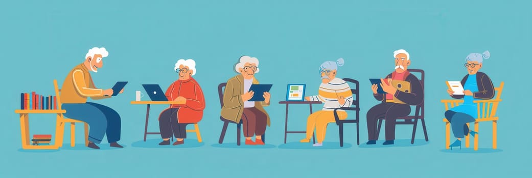 A diverse group of elderly individuals is absorbed in different activities at a community center, showcasing their engagement and connection.