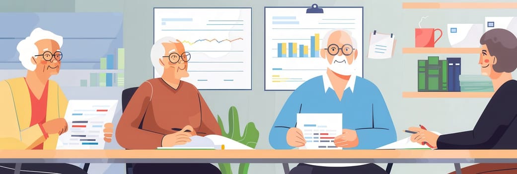 A group of elderly individuals actively participate in a meeting, discussing documents and sharing ideas at a bright, contemporary office.