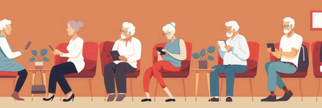 A group of elderly people sits comfortably, each using their electronic devices while waiting in a warm, inviting community space.
