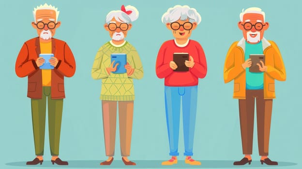 A group of elderly individuals happily interacting with their devices, showcasing their enthusiasm for technology and social connection in a vibrant atmosphere.