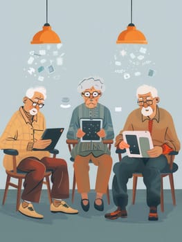 Three elderly individuals, sitting together, focus on their devices, sharing laughter and exploring technology in a warm atmosphere.