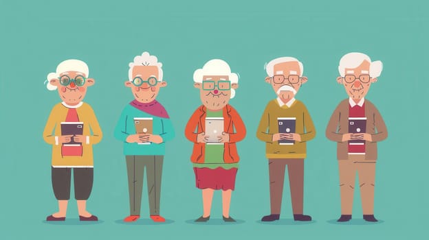 A group of five elderly individuals standing together, each holding a smartphone while enjoying their time in a cheerful atmosphere.