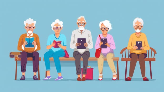 Five elderly individuals are sitting on a bench, intently reading or using electronic devices while enjoying a serene moment together.