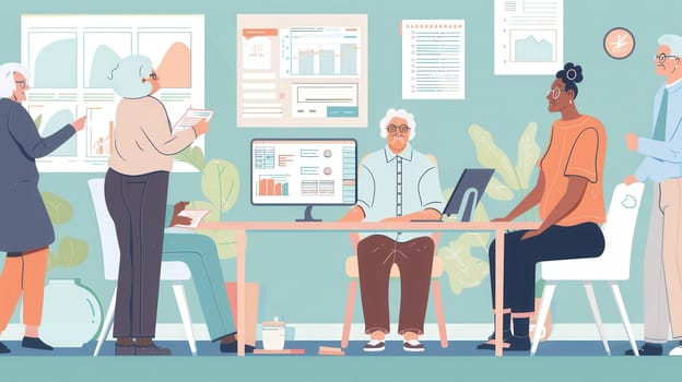 A diverse group of elderly individuals collaborates around a table, discussing ideas while reviewing documents and digital presentations at a community center.