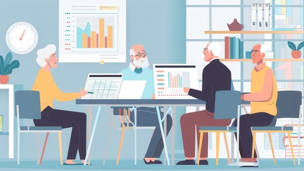 A group of elderly individuals actively discusses projects at a modern meeting table, utilizing laptops and sharing insights in a well-lit office environment.