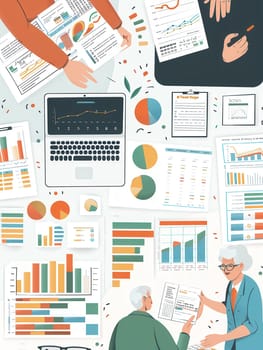 Two elderly individuals collaborate using charts and reports in a bright office space filled with data visuals.