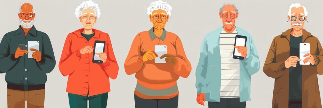 A group of elderly individuals are actively using smartphones, showcasing their eagerness to engage with technology in a simple indoor environment.