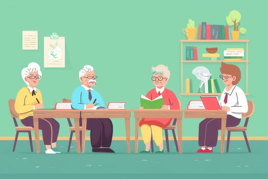 Four elderly students immerse themselves in learning foreign languages using textbooks and dictionaries in a bright, inviting classroom.