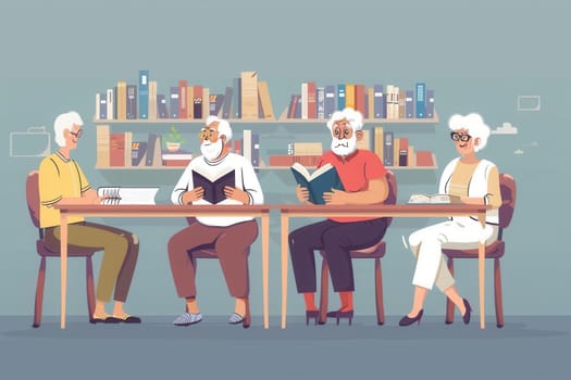 Elderly individuals are studying foreign languages using textbooks and dictionaries together in a cozy library setting filled with books.