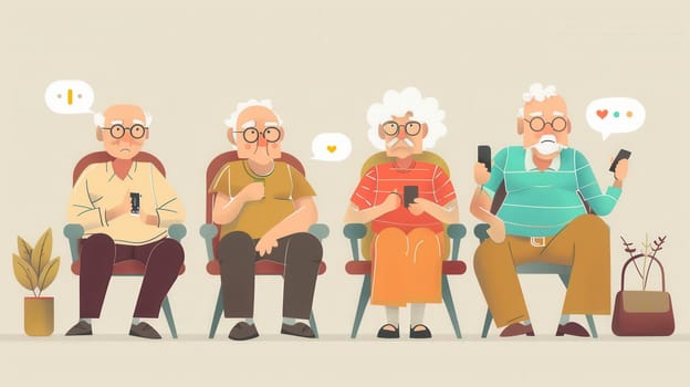 Four elderly individuals are seated in chairs, using mobile devices while enjoying each other’s company in a relaxed indoor atmosphere.