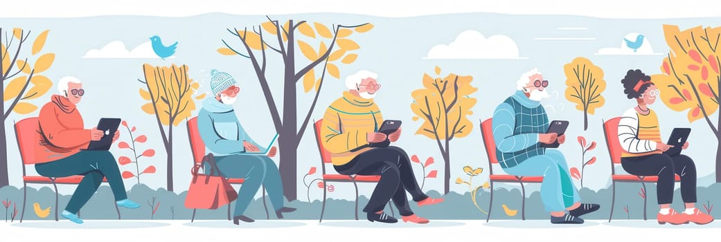 A group of elderly people sits outside, each using a tablet, while colorful autumn leaves create a cheerful atmosphere.