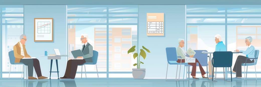 Several elderly people are sitting and interacting with each other in a sunny community center, reading, working, and enjoying their time together.