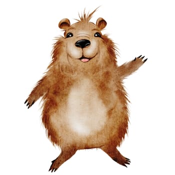 Capybara watercolor. Funny animal hand drawing on isolated white background. Clip art of a friendly guinea pig. Ideal for stickers, posters and cards. High quality illustration